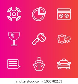 Premium set with outline vector icons. Such as hammer, transportation, cassette, camera, aircraft, car, copter, chart, transport, stereo, vessel, drone, presentation, crash, axe, boat, pie, sign, ship