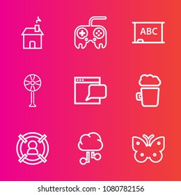 Premium set with outline vector icons. Such as fly, arrow, alcohol, property, customer, communication, website, window, home, network, technology, web, pub, building, concept, board, electric, insect