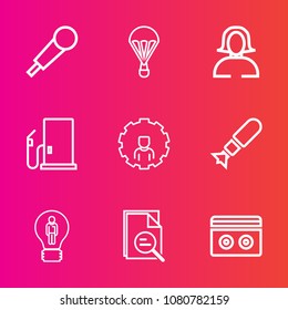 Premium set with outline vector icons. Such as air, internet, music, fuel, woman, stereo, zoom, gasoline, sky, mobile, extreme, bomb, mic, lady, weapon, concert, war, parachuting, nuclear, concept