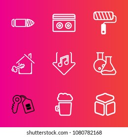 Premium set with outline vector icons. Such as roller, military, steel, square, cartridge, war, horizontal, equipment, tool, army, shot, gun, medicine, tape, alcohol, roll, music, old, brush, door