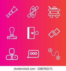 Premium set with outline vector icons. Such as oar, web, sky, destination, bed, canoe, night, hyperlink, door, astronomy, people, watching, point, travel, link, employer, paddle, message, paper, sign