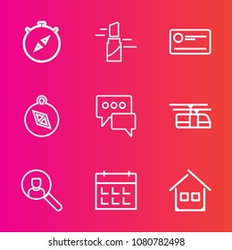 Premium set with outline vector icons. Such as nautical, direction, fashion, transportation, home, house, finance, sky, message, online, lip, color, bank, bubble, day, payment, schedule, timetable