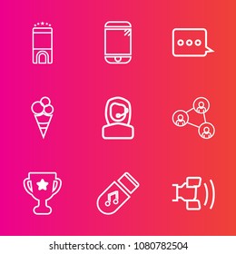 Premium set with outline vector icons. Such as food, communication, sound, hotel, strawberry, wireless, technology, achievement, cell, sweet, storage, ice, home, call, center, cellphone, white, award