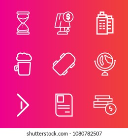 Premium set with outline vector icons. Such as personal, coin, lamp, house, identity, cash, pub, countdown, arrow, planet, electricity, sand, illumination, beer, world, building, light, alcohol, board