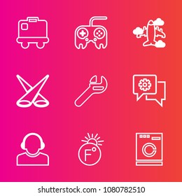 Premium set with outline vector icons. Such as background, repair, terminal, business, team, tourism, chat, light, baggage, mobile, airplane, aircraft, bag, wrench, travel, spanner, airport, appliance