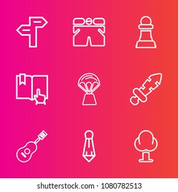 Premium set with outline vector icons. Such as chessboard, clothing, musical, wear, travel, template, horse, sound, arrow, suit, way, landscape, music, tie, street, weapon, guitar, nature, medieval