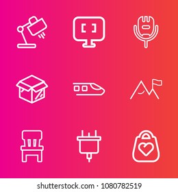 Premium set with outline vector icons. Such as room, interior, song, modern, comfortable, home, white, package, bag, computer, microphone, train, pc, music, monitor, laptop, unpacking, electric, box