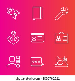 Premium set with outline vector icons. Such as nautical, war, military, personal, sewing, internet, name, repair, task, notebook, id, ship, equipment, boat, bomb, fashion, attack, machine, sea, paper