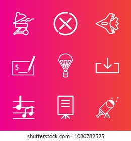 Premium set with outline vector icons. Such as meat, sign, plane, parachuting, food, aircraft, check, star, grill, barbecue, download, cancel, sound, telescope, no, stop, people, business, grilled
