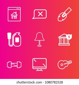 Premium set with outline vector icons. Such as sport, web, real, internet, exercise, business, shovel, screen, online, light, banking, house, equipment, workout, technology, digital, guitar, fire, gym