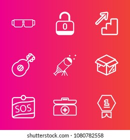 Premium set with outline vector icons. Such as sunglasses, new, protection, guitar, glasses, sign, kit, vision, unlock, sky, cardboard, achievement, downstairs, fashion, music, winner, sos, safety, up