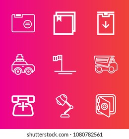 Premium set with outline vector icons. Such as dumper, button, archive, luggage, telephone, file, safety, open, dump, bank, light, bag, blank, ocean, document, arrow, mexico, sign, suitcase, baja, car