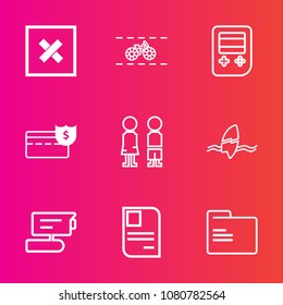 Premium set with outline vector icons. Such as surfer, people, file, camera, video, boy, standing, office, surfing, id, record, identity, paper, closed, bicycle, transportation, surf, cycle, sign, web
