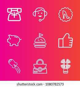Premium set with outline vector icons. Such as bag, space, contact, call, circle, beacon, seamark, craft, style, lunch, bank, search, leather, sea, receiver, headset, finance, object, food, fashion