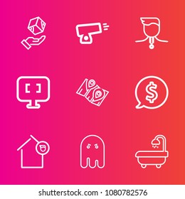 Premium set with outline vector icons. Such as cannon, gun, shipping, fear, travel, gold, scary, tag, ball, label, halloween, pin, home, circle, box, ghost, package, modern, laptop, care, owner, frame