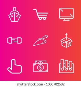 Premium set with outline vector icons. Such as research, display, new, screen, equipment, shipping, medical, market, shop, monitor, pointer, click, ship, technology, workout, money, package, shovel