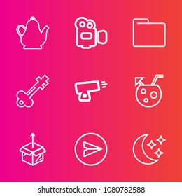 Premium set with outline vector icons. Such as kettle, file, cocktail, weapon, internet, night, web, unpacking, military, movie, sky, star, message, key, communication, lock, professional, tea, coffee