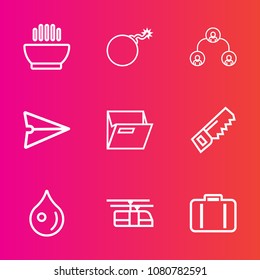 Premium set with outline vector icons. Such as weapon, transportation, water, rain, drop, baggage, office, hammer, business, communication, wood, bomb, tasty, message, cuisine, folder, email, liquid