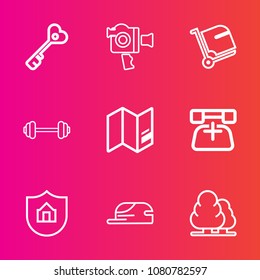 Premium set with outline vector icons. Such as communication, hat, lens, key, forest, nature, film, movie, home, suitcase, map, cap, door, camcorder, safe, environment, airport, luggage, camera, world