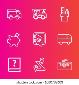 Premium set with outline vector icons. Such as map, work, transportation, location, car, arrow, heavy, navigation, vehicle, money, bus, pen, desk, investment, dump, finance, direction, truck, computer