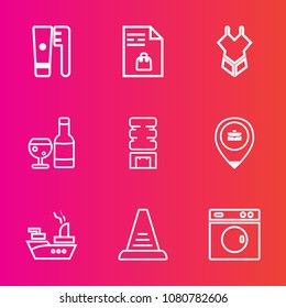 Premium set with outline vector icons. Such as ladder, clean, hygiene, washer, ship, equipment, cold, dental, white, bikini, step, military, cooler, machine, list, summer, care, notebook, swimsuit, up
