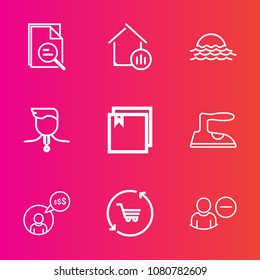 Premium set with outline vector icons. Such as sunrise, magnify, estate, clothes, trolley, tool, sign, domestic, work, graph, winner, freelance, magnifying, web, cart, retail, shop, background, zoom