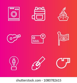 Premium set with outline vector icons. Such as equipment, referee, rock, appliance, fashion, household, concept, money, national, rucksack, clothes, coin, color, nation, whistle, shovel, music, idea, 