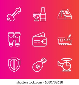 Premium set with outline vector icons. Such as window, door, cash, optical, antique, railway, view, music, drink, money, wine, security, vision, wallet, retro, transportation, restaurant, finance, old