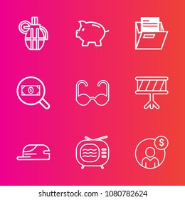 Premium set with outline vector icons. Such as music, bomb, money, cap, antenna, drum, video, tv, search, find, hat, investment, ammunition, piggy, war, sunglasses, paper, glasses, concept, grenade