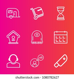 Premium set with outline vector icons. Such as knife, schedule, alien, transport, right, hourglass, birdhouse, traffic, kitchen, truck, character, vehicle, calendar, bag, cartoon, travel, day, work