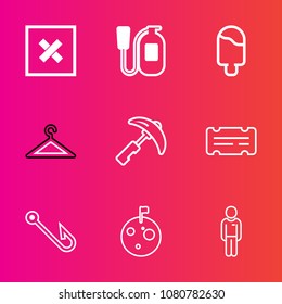 Premium set with outline vector icons. Such as hook, space, element, summer, coupon, protection, extinguisher, fish, moon, danger, safety, sweet, clothing, food, flag, industry, dessert, male, fire