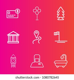 Premium set with outline vector icons. Such as map, ventilator, service, white, cooler, london, payment, interior, baja, europe, blue, purchase, balance, credit, finance, account, clock, forest, fan