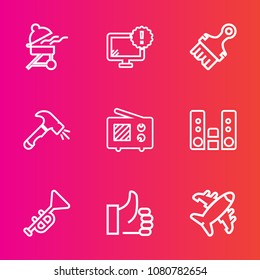 Premium set with outline vector icons. Such as sound, warning, plane, antenna, hot, fire, grill, audio, success, flight, travel, paintbrush, internet, desktop, hand, food, wireless, shovel, bbq, up