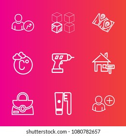 Premium set with outline vector icons. Such as clean, web, scale, thermometer, health, pin, work, care, drill, property, estate, rent, chart, transfer, fashion, business, female, brush, report, sign