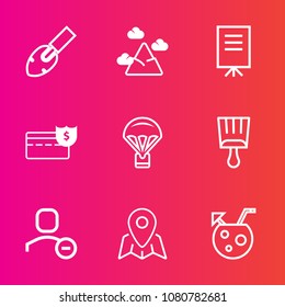 Premium set with outline vector icons. Such as account, meeting, landscape, summer, paint, shovel, top, screwdriver, blue, jump, cash, parachute, brush, parachuting, bank, people, pin, location, money