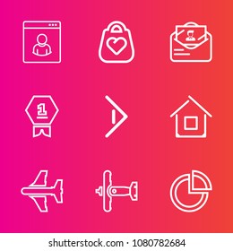 Premium set with outline vector icons. Such as object, envelope, plane, bag, right, leather, white, first, background, letter, sign, house, pie, mail, place, fashion, person, business, style, military
