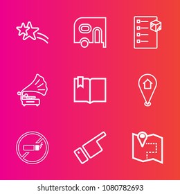 Premium set with outline vector icons. Such as falling, sparkle, player, package, abstract, people, travel, white, car, vintage, transport, record, addiction, meteor, cargo, box, finger, cigarette, no