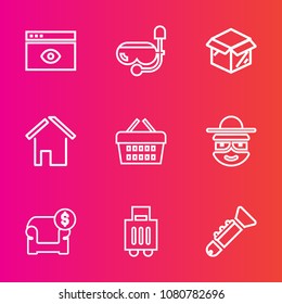 Premium set with outline vector icons. Such as technology, computer, travel, furniture, water, baggage, box, jazz, unpacking, template, bugle, page, window, sofa, mask, shop, store, modern, basket
