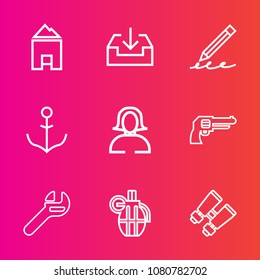 Premium set with outline vector icons. Such as vision, spy, button, gun, spanner, pistol, war, glasses, sign, revolver, graphic, arrow, helm, school, tool, lady, girl, home, pen, military, woman, real