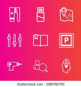 Premium set with outline vector icons. Such as pin, connector, travel, open, health, machine, cable, white, toothbrush, road, transport, care, power, drill, work, plug, account, brush, usb, equipment
