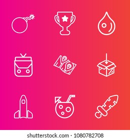 Premium set with outline vector icons. Such as summer, travel, water, knight, competition, explosion, bomb, war, military, launch, space, place, abstract, upload, blade, object, fashion, juice, winner