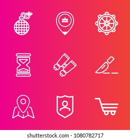 Premium set with outline vector icons. Such as spy, trolley, work, pin, hour, location, shield, power, cart, explosive, protect, explosion, search, wheel, bomb, cloud, person, medical, watch, nautical