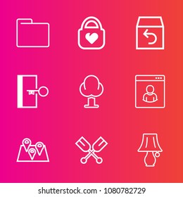 Premium set with outline vector icons. Such as object, return, exit, travel, boat, tree, internet, empty, map, nature, road, file, delivery, landscape, paper, fashion, male, folder, open, bulb, light