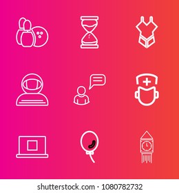 Premium set with outline vector icons. Such as bowling, medicine, pin, competition, cosmonaut, chat, sign, hospital, surgeon, game, bikini, person, recreation, space, spacesuit, strike, hourglass, air