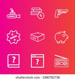 Premium set with outline vector icons. Such as handgun, sign, web, ocean, paper, finance, label, sale, sound, unknown, water, marine, ship, underwater, cash, page, graphic, economy, currency, audio
