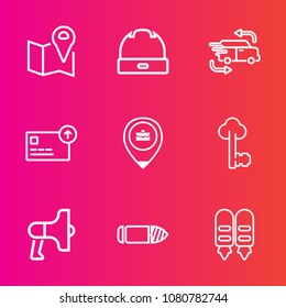 Premium set with outline vector icons. Such as old, clothing, military, speaker, metal, object, finance, travel, hat, pin, bullet, fast, car, cash, gun, loud, shipping, key, white, fashion, style, 