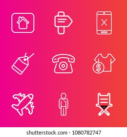 Premium set with outline vector icons. Such as male, way, flight, sign, architecture, street, estate, paper, travel, home, chair, boy, technology, telephone, choice, connection, airplane, armchair
