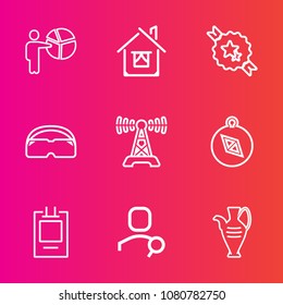Premium set with outline vector icons. Such as glasses, direction, internet, seminar, east, meeting, vase, music, male, home, pottery, real, search, label, radio, technology, female, businesswoman