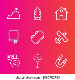 Premium set with outline vector icons. Such as forest, environment, nature, skater, travel, green, skateboard, board, panorama, extreme, estate, cooler, trunk, airplane, beauty, book, library, field