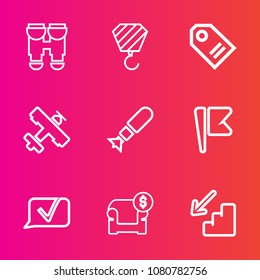 Premium set with outline vector icons. Such as sale, chat, aircraft, down, instrument, price, vision, sofa, war, construction, building, industry, furniture, interior, view, architecture, couch, up